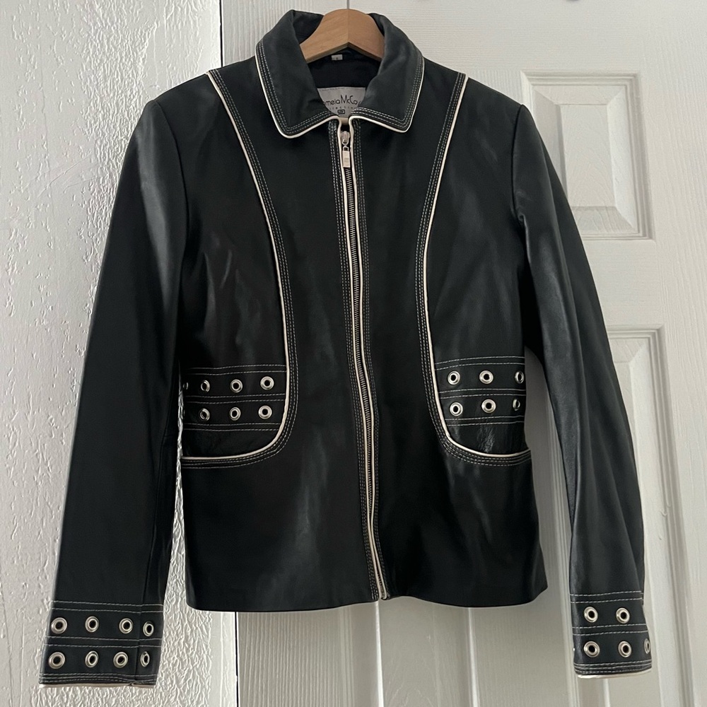 Vintage Black Genuine Leather Jacket with Silver Grommet Hardware